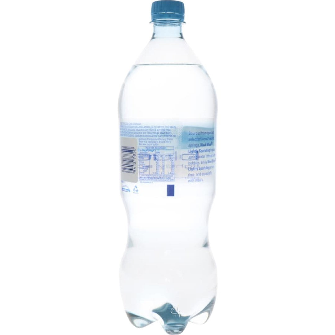 Kiwi Blue Sparkling Water bottle featuring clear azure liquid, perfect for hydration and mixers, sourced from New Zealand springs.