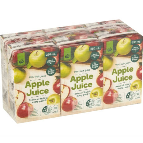 Woolworths Fruit Juice Apple pack featuring 99% pure apple juice, vitamin C, and no artificial additives in a 250ml size.