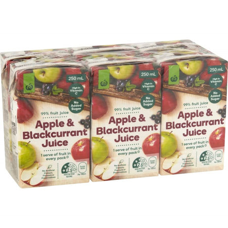 Woolworths Fruit Juice Apple & Blackcurrant in six 250ml bottles, a tasty, no added sugar source of vitamin C.