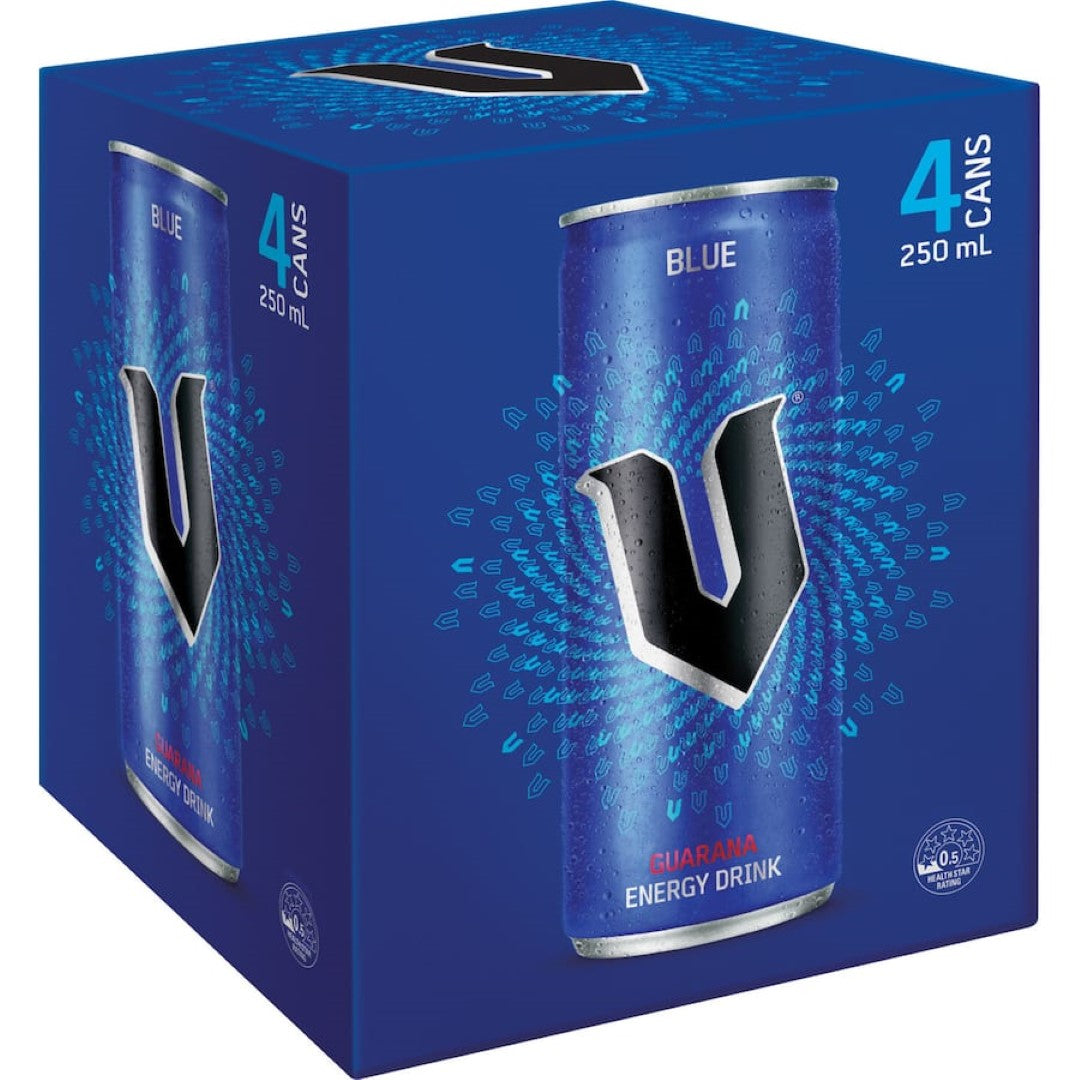 V Blue Energy Drink in vibrant packaging, providing a blue raspberry flavor boost for active lifestyles and energy needs.