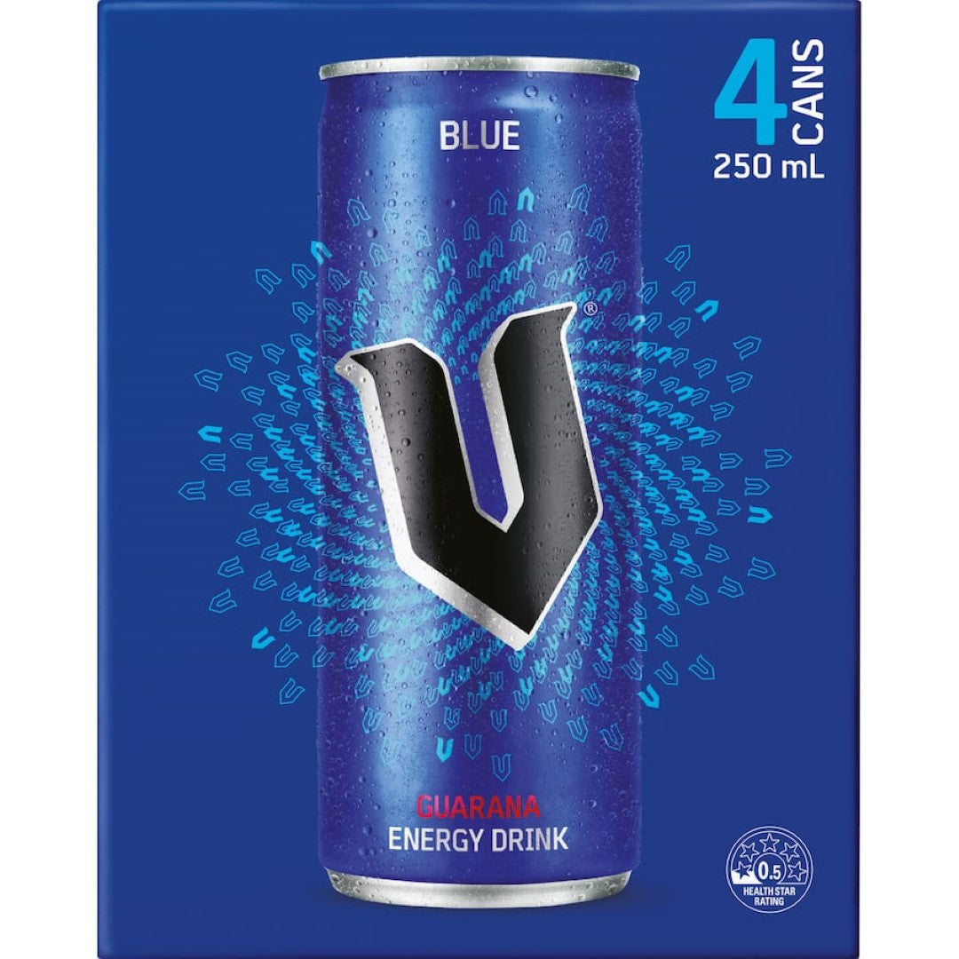 V Blue Energy Drink: blue raspberry energy booster with vitamins, caffeine, and taurine for active lifestyles.