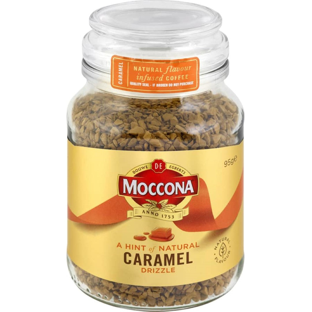 Moccona caramel-flavored instant coffee in a glass jar, featuring rich toffee notes and no added sugar, for a guilt-free indulgence.