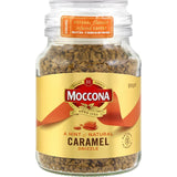 Moccona instant freeze-dried coffee in a 95g jar, featuring rich toffee and natural caramel flavors, no added sugar.