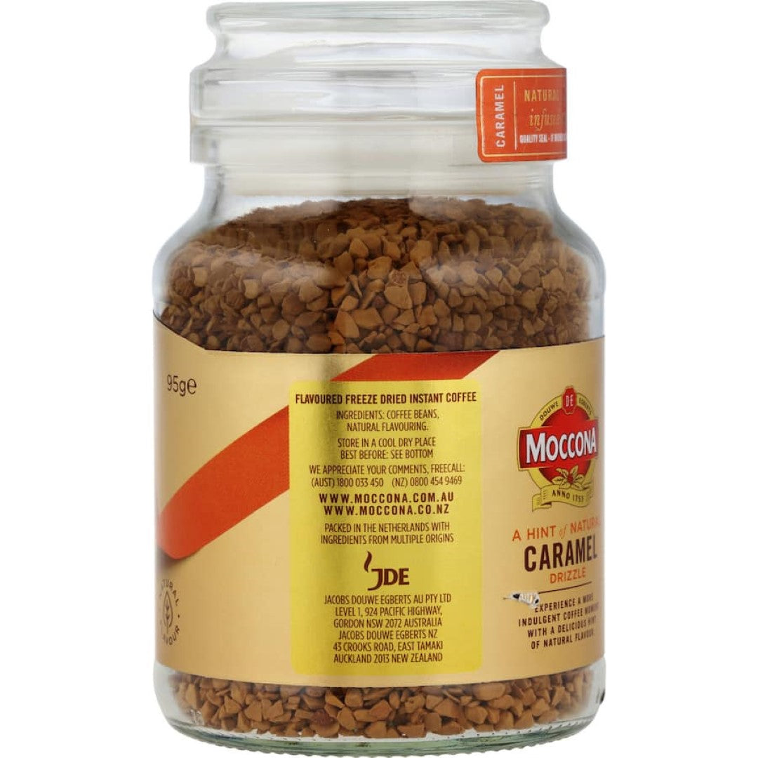 Moccona caramel-flavored freeze-dried coffee in a 95g glass jar, crafted for a rich, guilt-free indulgent experience.