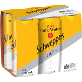 Schweppes Diet Indian Tonic Water in bottles, offering refreshing, sugar-free flavor ideal for cocktails or casual enjoyment.