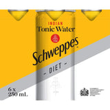 Schweppes Diet Indian Tonic Water in a bottle, featuring a crisp, bitter flavor with no sugar, perfect for cocktails.