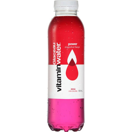 Glaceau Vitamin Water Power in a 500ml bottle featuring bold dragonfruit flavor, packed with vitamins and electrolytes for hydration.