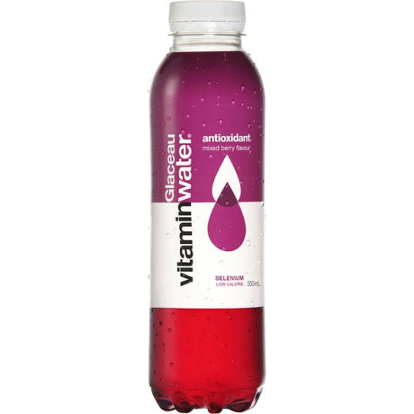 Bottle of Glaceau Vitamin Water Antioxidant Mixed Berry, a nutrient-rich drink packed with vitamins A, C, and E for hydration.