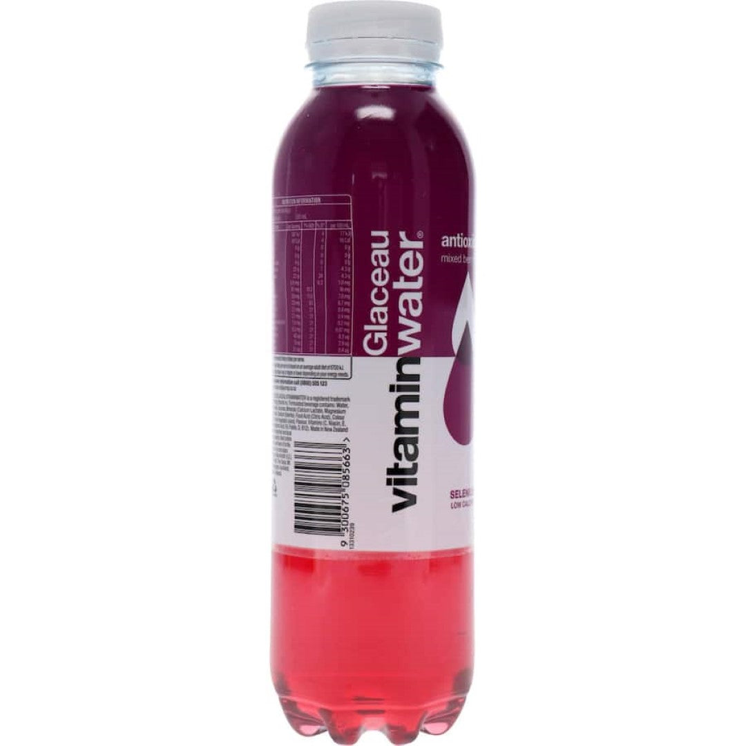 Nutrient-rich Glaceau Vitamin Water Antioxidant in mixed berry flavor, boosting hydration and immune health in a 500ml bottle.