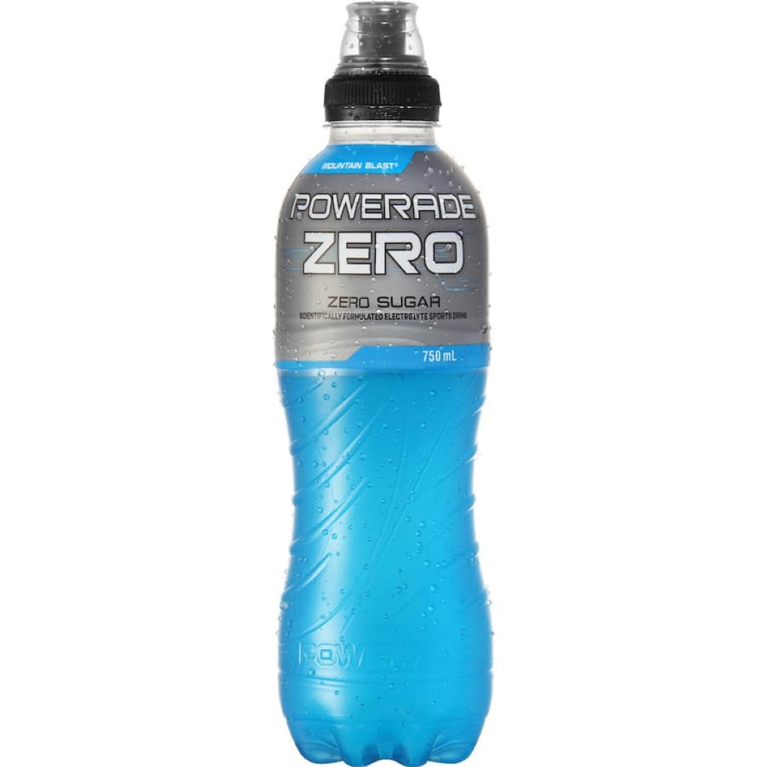 Powerade Zero Sports Drink in a bottle featuring Mountain Blast flavor, designed for hydration and electrolyte replenishment during workouts.