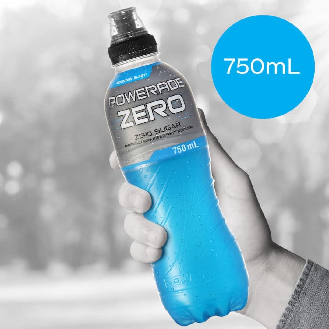 Powerade Zero Sports Drink Mountain Blast in a sipper cap bottle, packed with electrolytes and zero sugar for hydration.