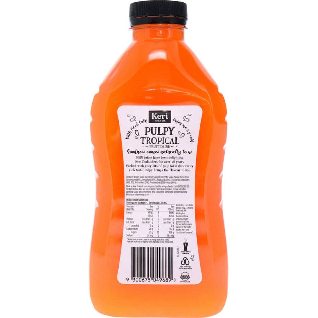 Keri Pulpy Fruit Drink Tropical in a bottle, showcasing vibrant fruit pulp and promising a refreshing tropical taste.