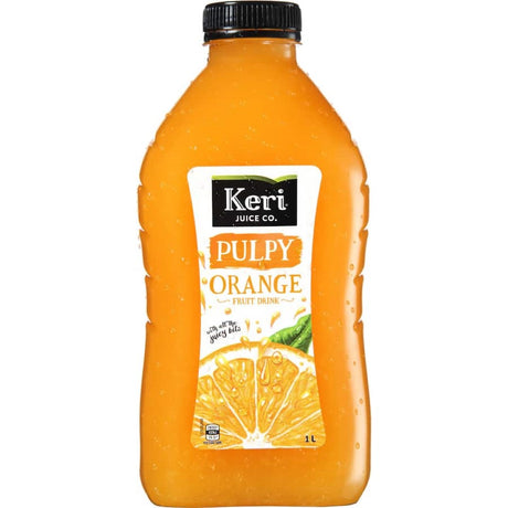 Keri Pulpy Fruit Drink Orange in a bottle, showcasing vibrant orange color and real fruit pulp for a refreshing experience.