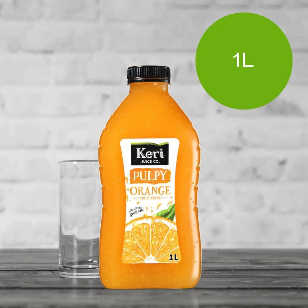 A vibrant bottle of Keri Pulpy Fruit Drink Orange, featuring real orange pulp for a refreshing, flavorful experience.