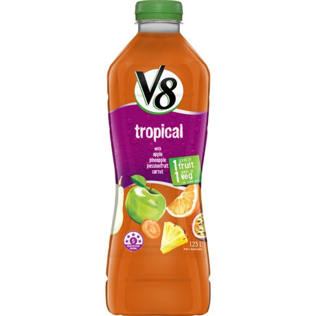 V8 Fruit Juice Tropical Fusion, a refreshing blend of pineapple, mango, and passionfruit, perfect for health-conscious hydration.