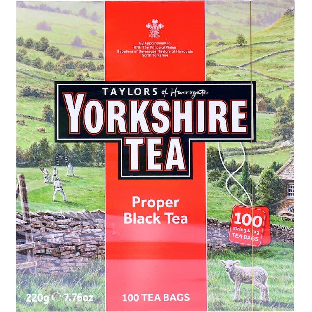 Aromatic Taylors Yorkshire Tea Proper Black blend from premium black tea leaves, perfect for a rich English tea experience.