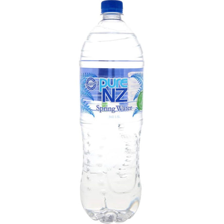 Pure NZ Water Spring bottle showcasing crisp, mineral-rich water sourced from New Zealand's pristine springs.