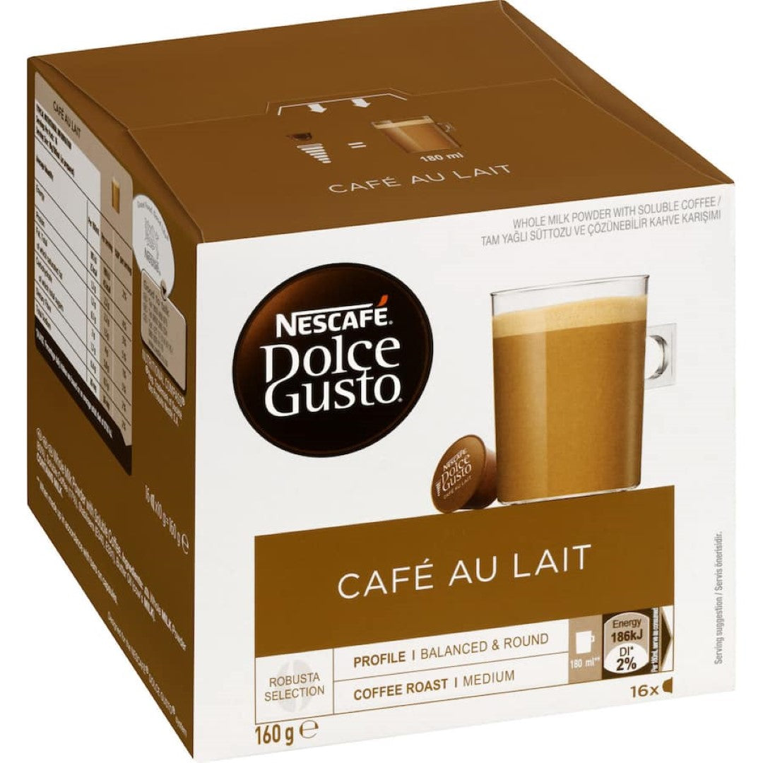 Nescafe Dolce Gusto Cafe Au Lait pods offer a rich coffee and milk blend for a smooth, creamy breakfast experience.