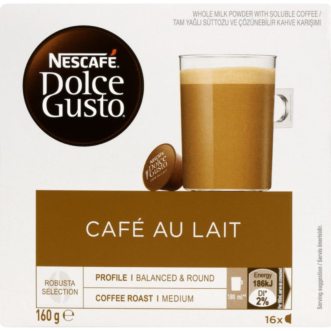 Nescafe Dolce Gusto Cafe Au Lait pods offer a rich coffee and milk blend for a smooth, convenient breakfast drink.