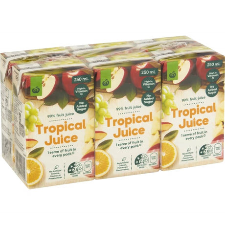 Bottle of Woolworths Tropical Fruit Juice, 99% pure, with no added sugar, offering a refreshing taste of the tropics.