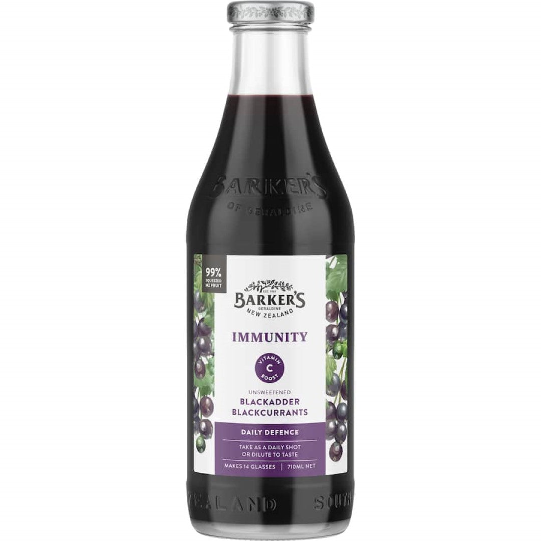 Barkers Blackcurrant Immunity Syrup, sugar-free, packed with antioxidants and Vitamin C for wellness support.