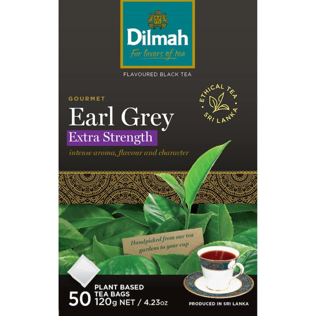 Image of Dilmah Tea Earl Grey Extra Strength featuring 50 tagless tea bags for a robust blend of Ceylon tea and bergamot.