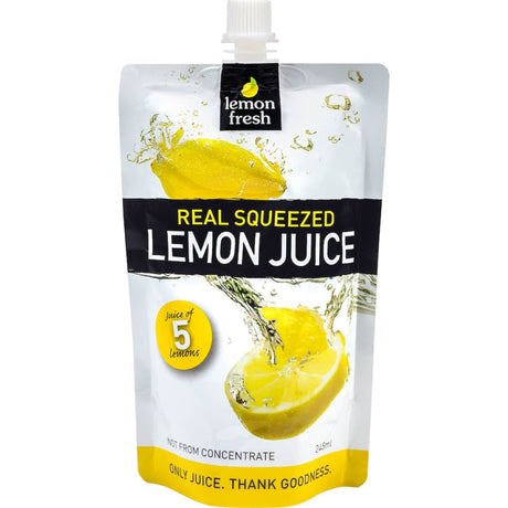 Bottle of Lemon Fresh Squeezed Fruit Juice, made from 5 fresh lemons, 100% real juice, gluten-free and vegan-friendly.