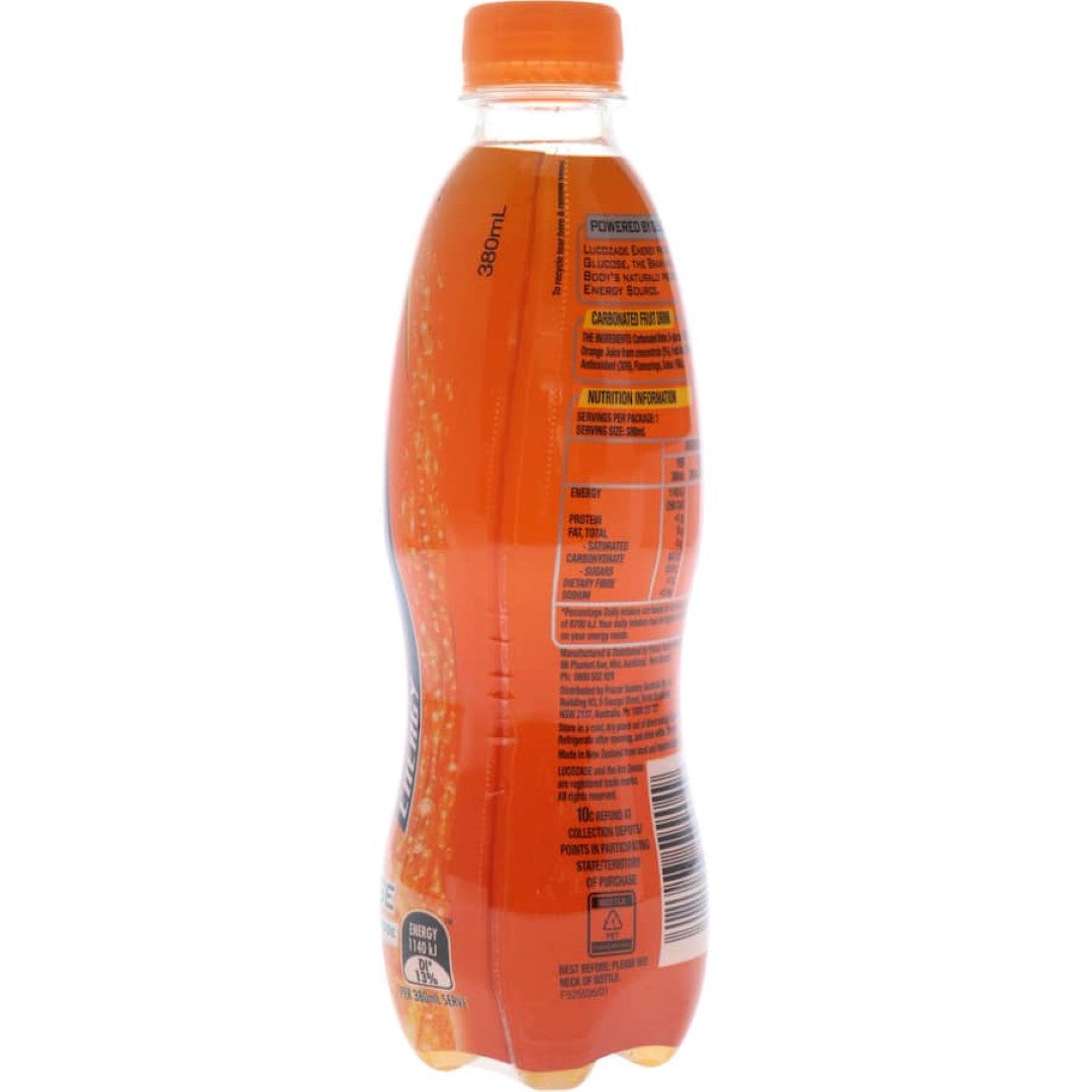 Refreshing Lucozade Energy Drink in orange flavor, packed with vitamins for an energizing boost. Perfect for workouts or busy days.