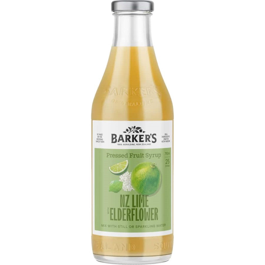 Barkers Fruit Syrup with NZ limes and elderflower, perfect for cocktails, desserts, and drizzling for a citrusy flavor boost.