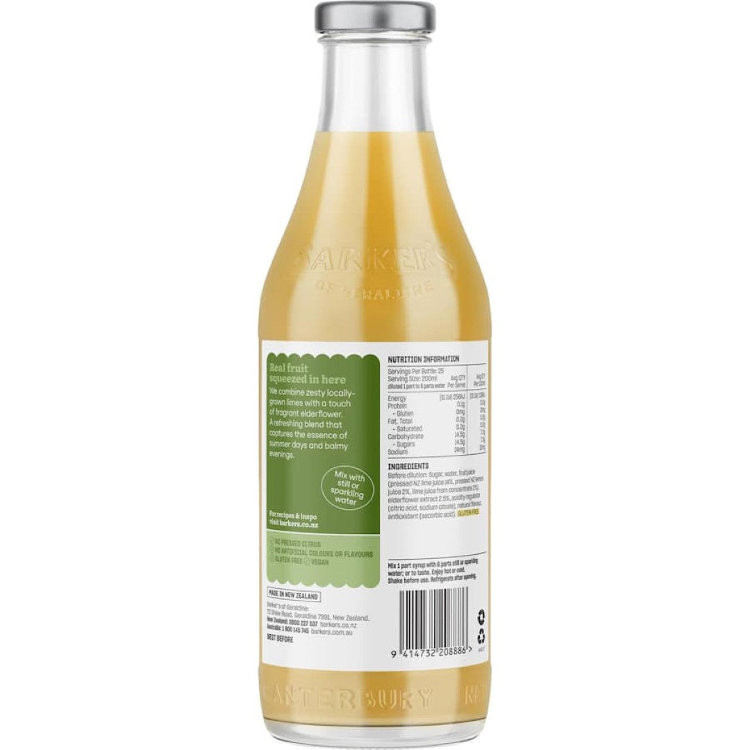 Barkers Fruit Syrup with NZ Limes and Elderflower, perfect for cocktails, desserts, and enhancing dishes with zesty flavor.