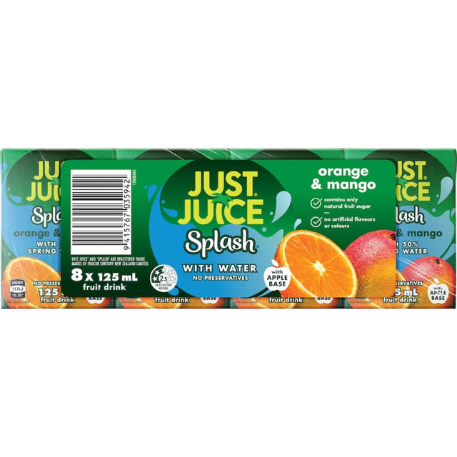 Refreshing Just Juice Splash Fruit Drink in orange and mango flavor, perfect for quenching thirst on-the-go or at picnics.