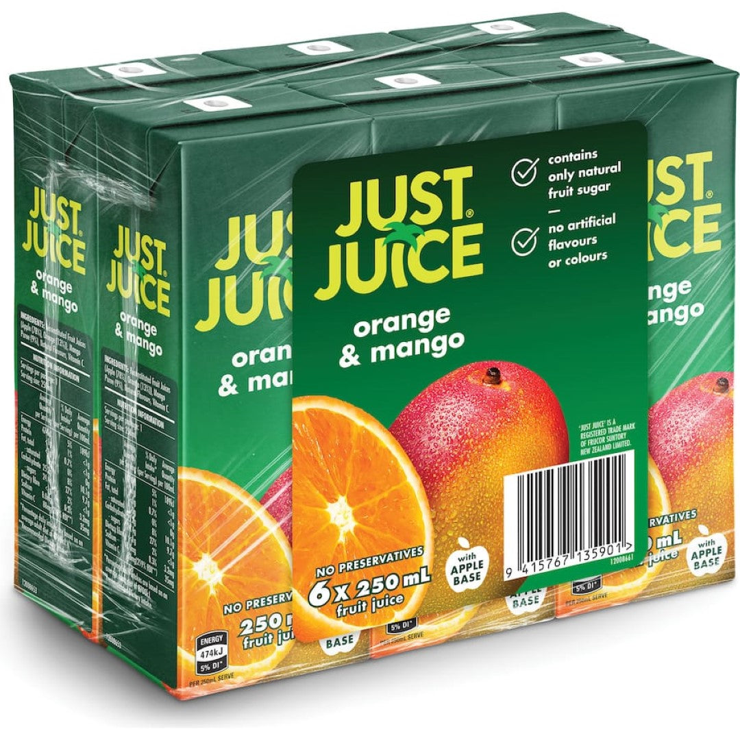 Bottle of Just Juice Orange & Mango, 250ml, featuring a vibrant blend of citrus and tropical flavors for a refreshing drink.