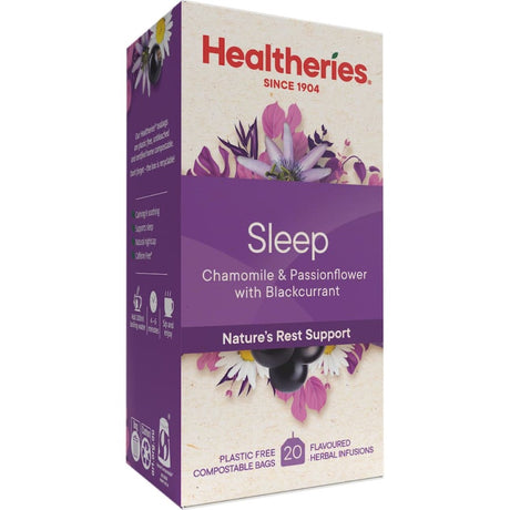 Relaxing Healtheries Sleep Herbal Tea with chamomile and blackcurrant for restful nights and soothing bedtime rituals.