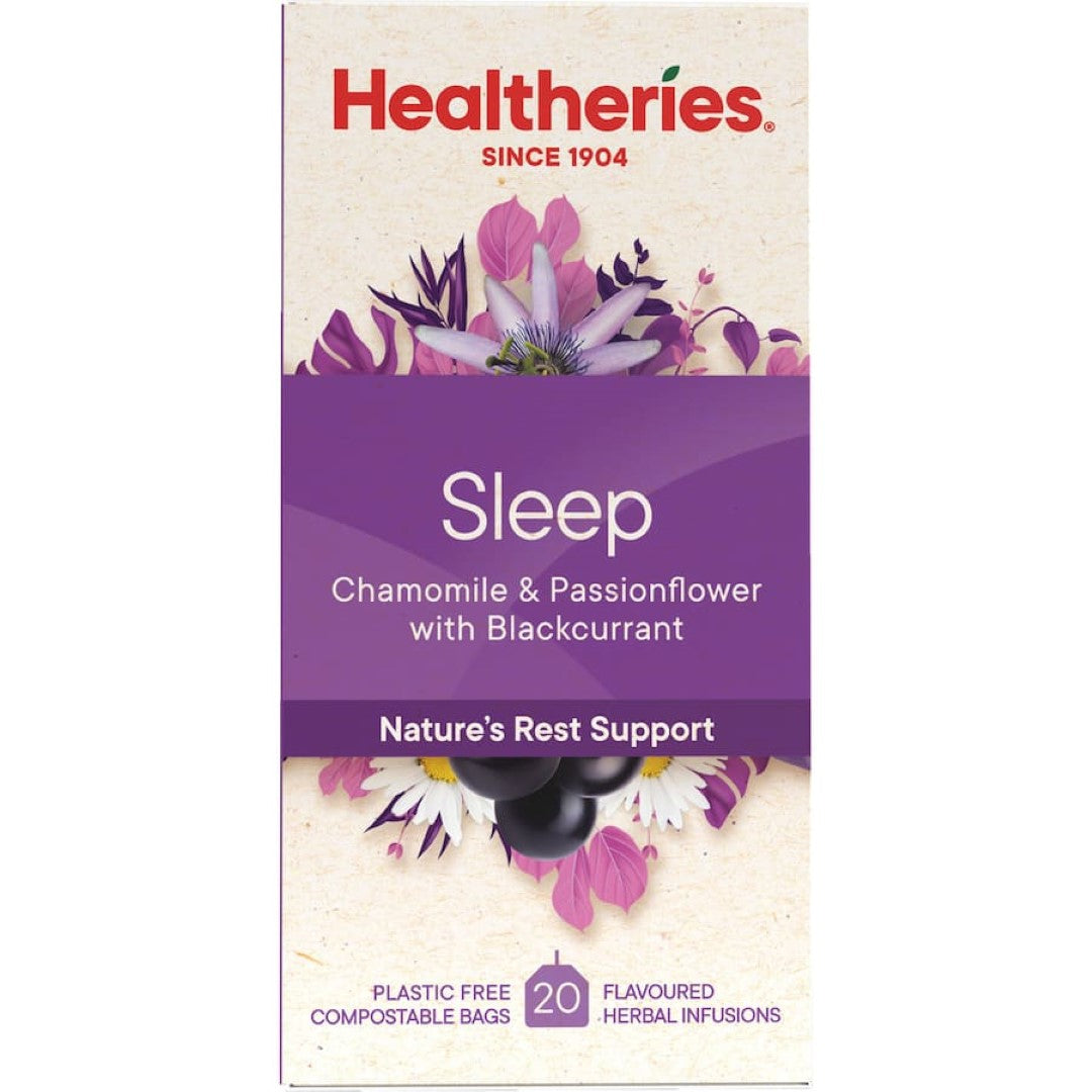 Healtheries Sleep Herbal Tea blend with chamomile and blackcurrant promotes relaxation for a restful night's sleep.