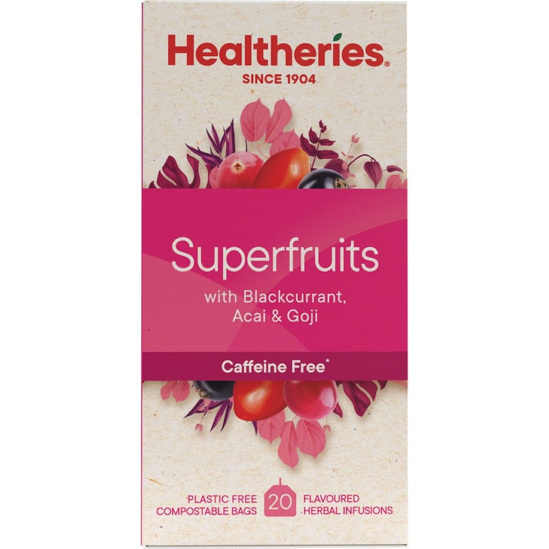 Healtheries Fruit Tea Superfruits features a vibrant blend of blackcurrant, cranberry, acai, and goji berries for a refreshing drink.