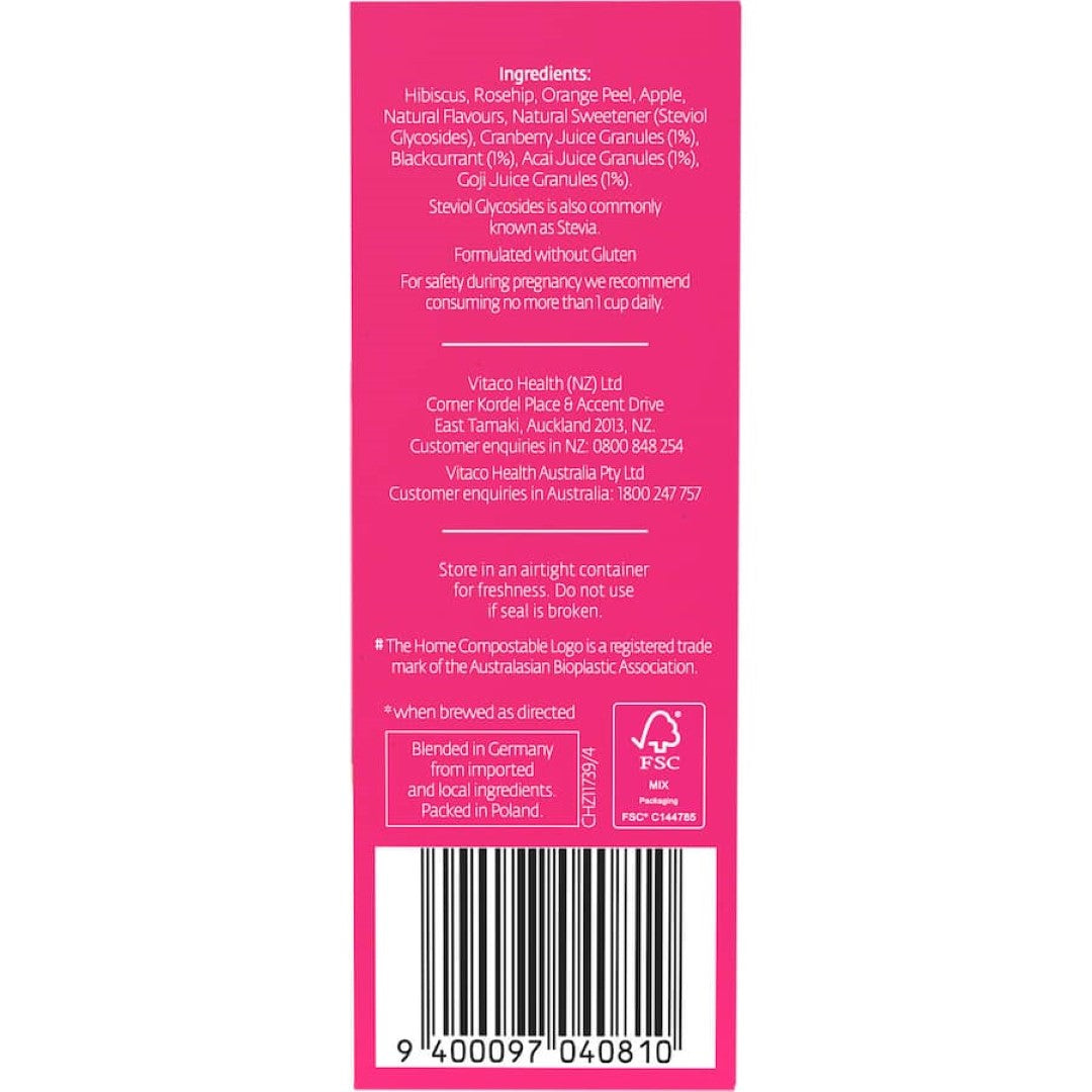 Vibrant Healtheries Fruit Tea Superfruits blend with blackcurrant, cranberry, acai, and goji for a refreshing, healthy drink.