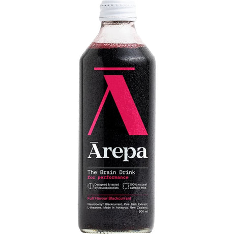 Arepa blackcurrant drink boosts cognitive performance with antioxidants for enhanced focus and energy.