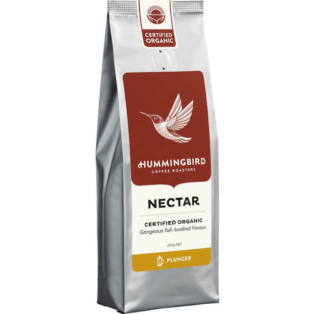 Hummingbird Fair Trade Organic Coffee Nectar, a medium roast blend with nutty, rich flavors and a smooth finish, 200g pack.