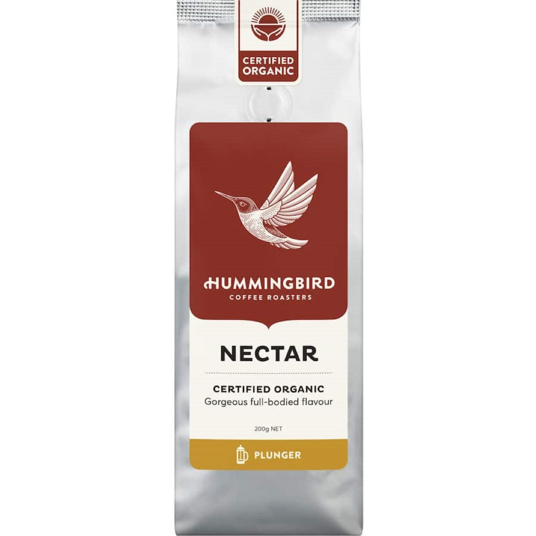 Hummingbird Fair Trade Organic Fresh Plunger Grind Coffee Nectar, a 200g medium roast with nutty flavors and community support.