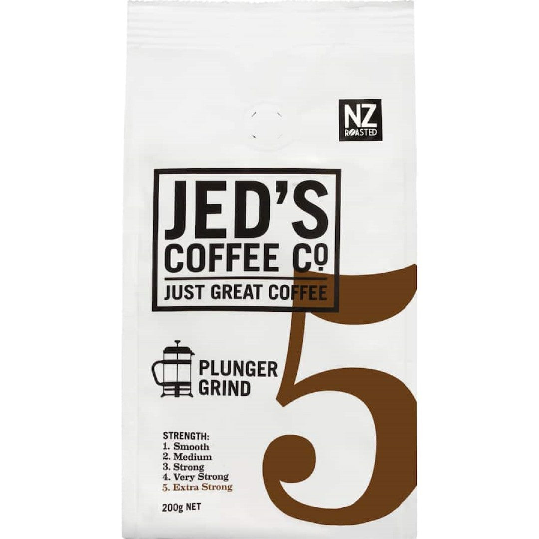 Bold Jed's Plunger Grind Coffee #5 Extra Strong, designed for intense flavor and caffeine, packed in eco-friendly 200g.