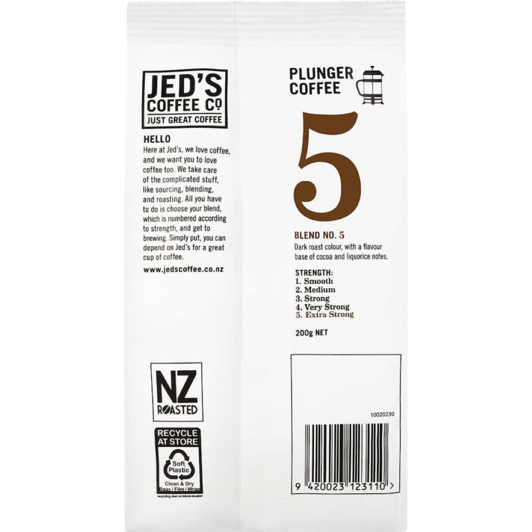 Bold and robust Jed's Plunger Grind Coffee #5, designed for serious coffee lovers, ideal for French press and other brew methods.