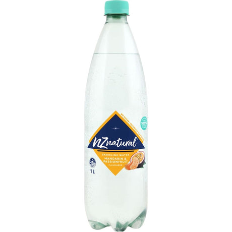 NZ Natural Sparkling Water in Mandarin & Passionfruit flavor, featuring zesty citrus and tropical sweetness, in a sleek bottle.