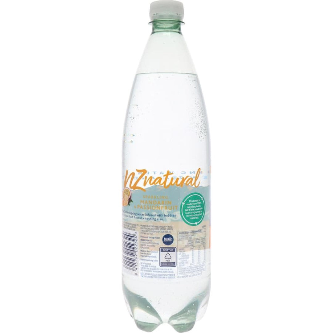 Refreshing NZ Natural Sparkling Water featuring mandarin and passionfruit flavors, perfect for hydration without added sugars.