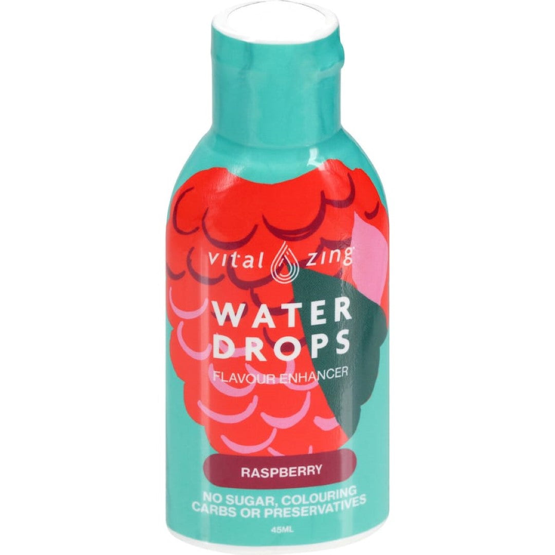 Vital Zing Waterdrops in Raspberry flavor, enhancing water with sweet and tangy raspberry taste for revitalized hydration.