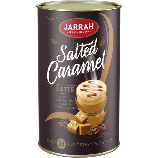 Velvety Jarrah Coffee Mix Salted Caramel, 98% fat-free, offering a rich instant coffee experience with indulgent flavor.