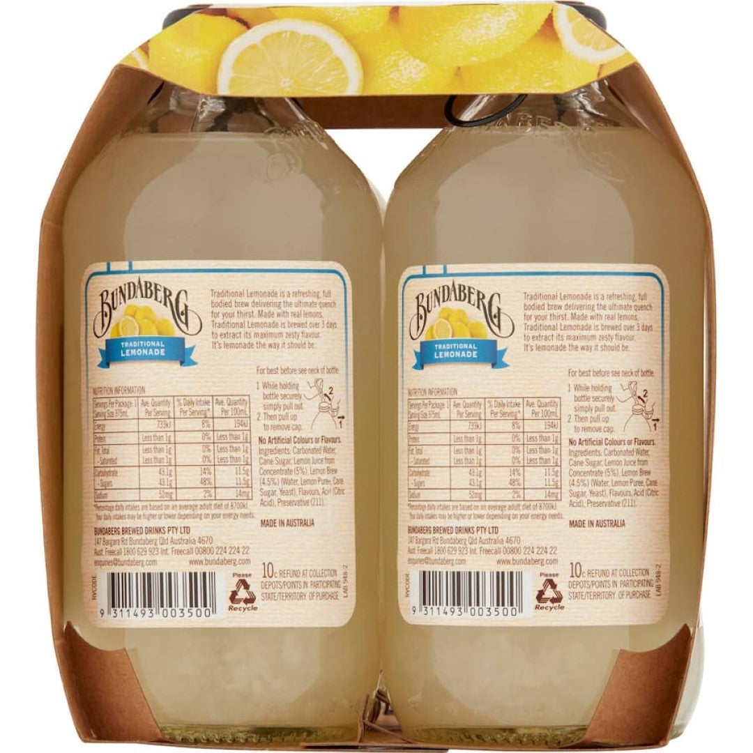 Bundaberg Soft Drink Lemonade 375ml: Refreshing fizzy lemonade with real lemons, brewed for 3 days for maximum flavor.