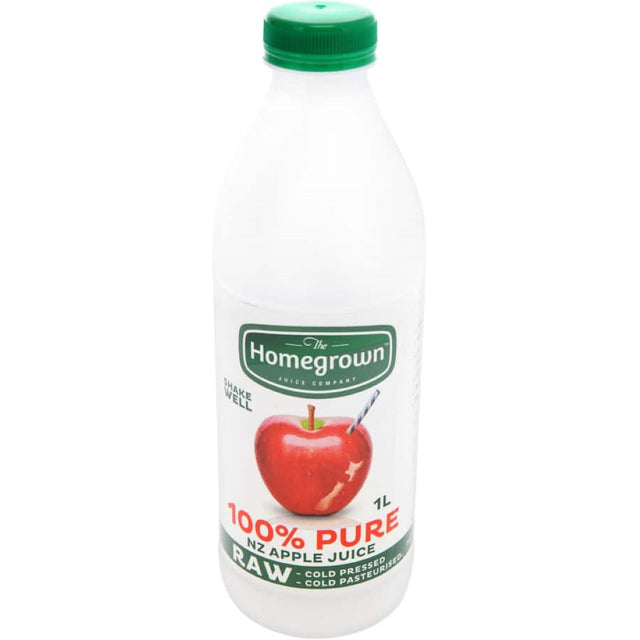 Bottle of Homegrown Fruit Juice Apple 100% Pure, made from handpicked apples, cold-pressed for optimal flavor and nutrients.