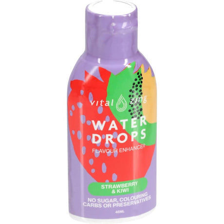 Vital Zing Waterdrops in Strawberry & Kiwi flavor, a sugar-free enhancer for tasty hydration and versatile culinary use.