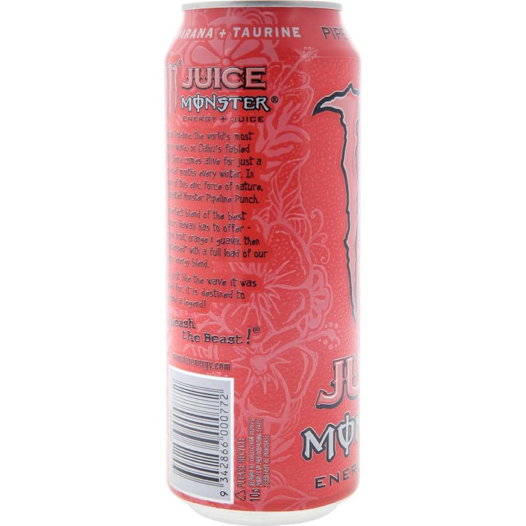 Vibrant can of Monster Energy Drink Pipeline Punch with tropical fruity flavors and 160 mg of caffeine for an energetic boost.