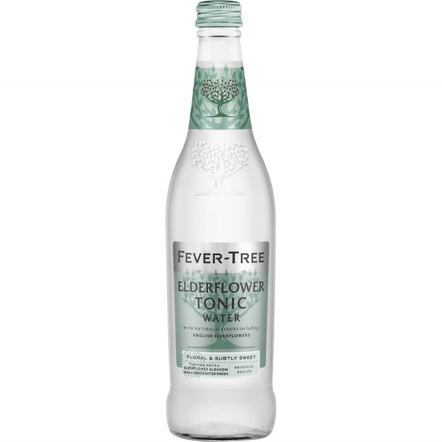 Fever Tree Elderflower Tonic bottle showcasing floral design, perfect for enhancing cocktails with its unique elderflower flavor.